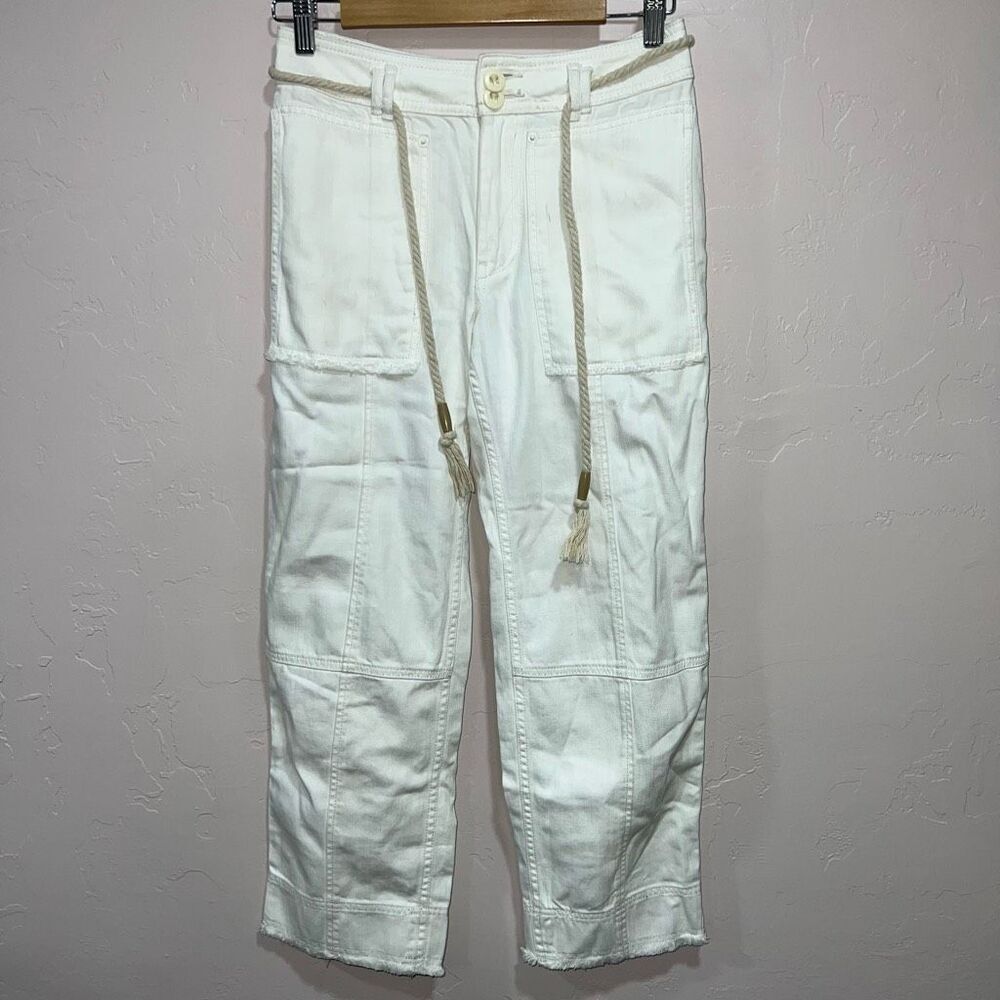 ANTHROPOLOGIE White Canvas Denim High Rise Belted Straight Crop Jeans 25